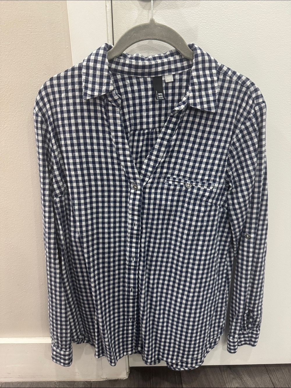 Kut from the Kloth Navy and White Gingham Button-Down Shirt